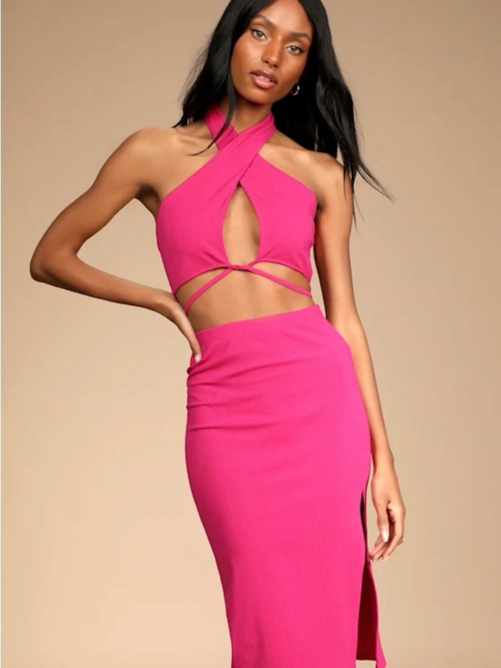 Lulu's Hot Pink Halter Cutout Midi 2 piece set
